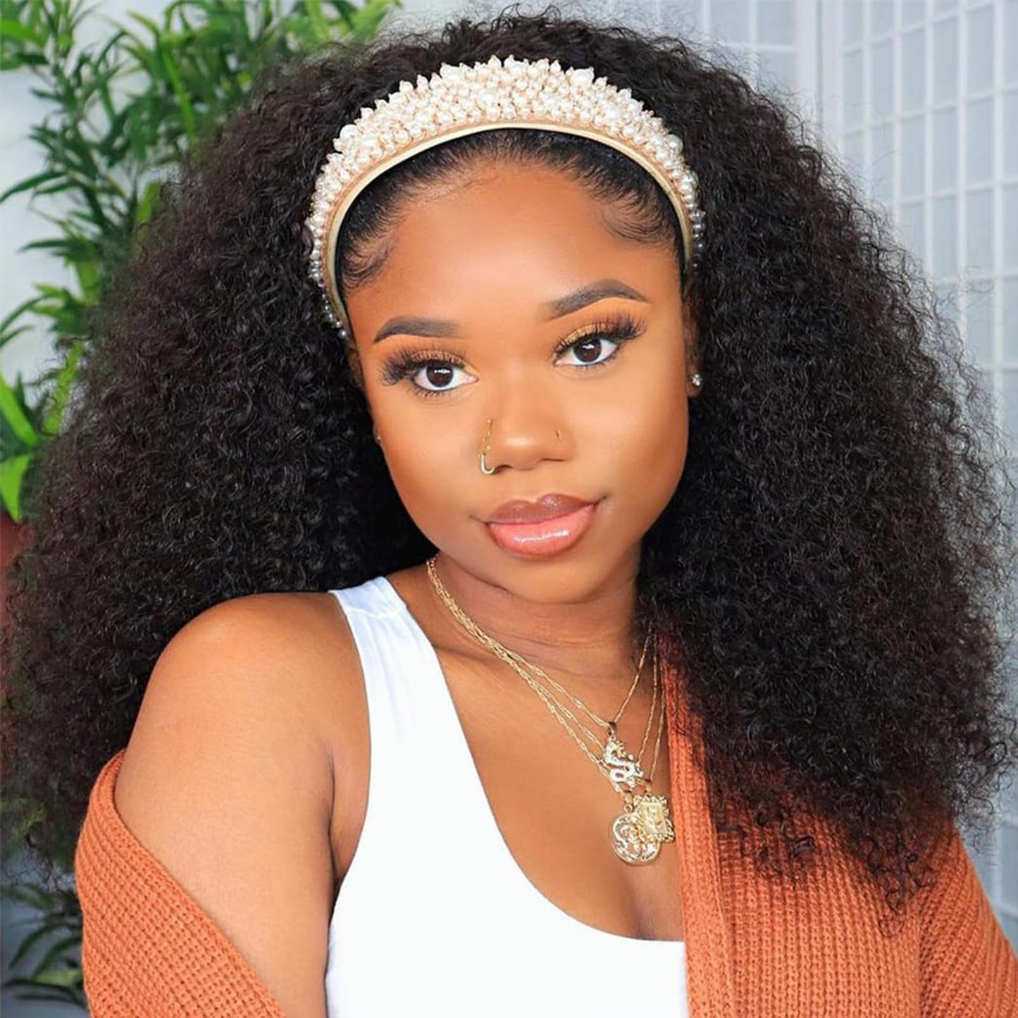 Kinky Curly Headband Wig Human Hair 24 Inch Headband Wigs for Women Human Hair Glueless None Lace Front Curly Wave Wigs Brazilian Virgin Hair Wear and Go Glueless Wig 150% Density Natural Black Color