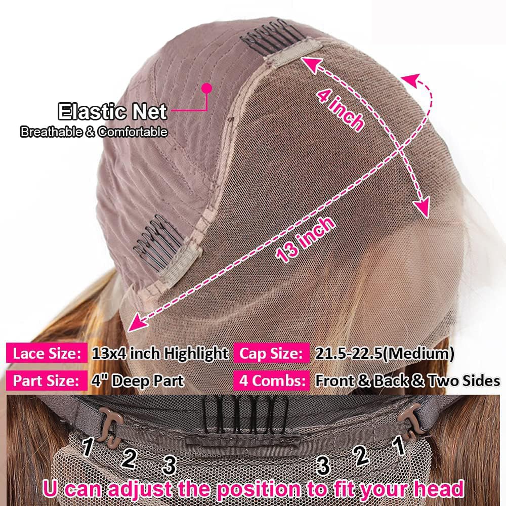 Brazilian Hair Highlight Ombre Bob Wig Human Hair 13x4 HD Transparent Lace Frontal Wig Pre Plucked with Baby Hair 180% Density Lace Front Wigs P4/27 Honey Blonde Bob Wigs for Black Women 10 Inch