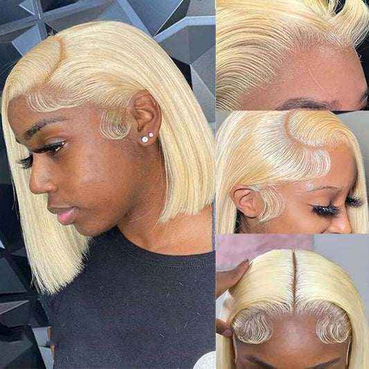 Hoscod Straight 613 Bob Wig Human Hair 180% Density 13x4 HD Transparent Lace Front Wig Blonde Bob Wig Human hair Pre Plucked Glueless Wigs with Baby Hair 10 Inch Short Lace Frontal Bob Wigs for Women