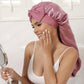AWAYTR Long Satin Bonnet for Women - Double Layer Elastic Silk Bonnet for Braids Hair Sleeping Cap with Tie Band (Rose Gold)