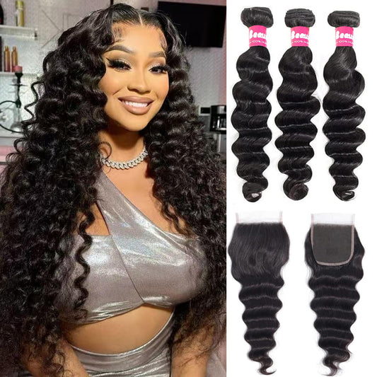 Beaushine 10A Human Hair Bundles with Closure Loose Deep Wave Quick Weave Hair-18 20 22+18inch, 100% Raw Brazilian Virgin Hair Loose Wave Lace Closure with 3 Bundles Pre plucked Natural Black Color