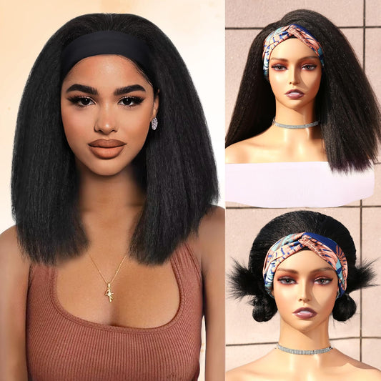 WIGNEE Kinky Straight Headband Wig Kinky Wig with Ribbon Glueless Headband Wigs for Black Women Natural Synthetic Afro Wigs for Black Women Natural Black 14 Inch