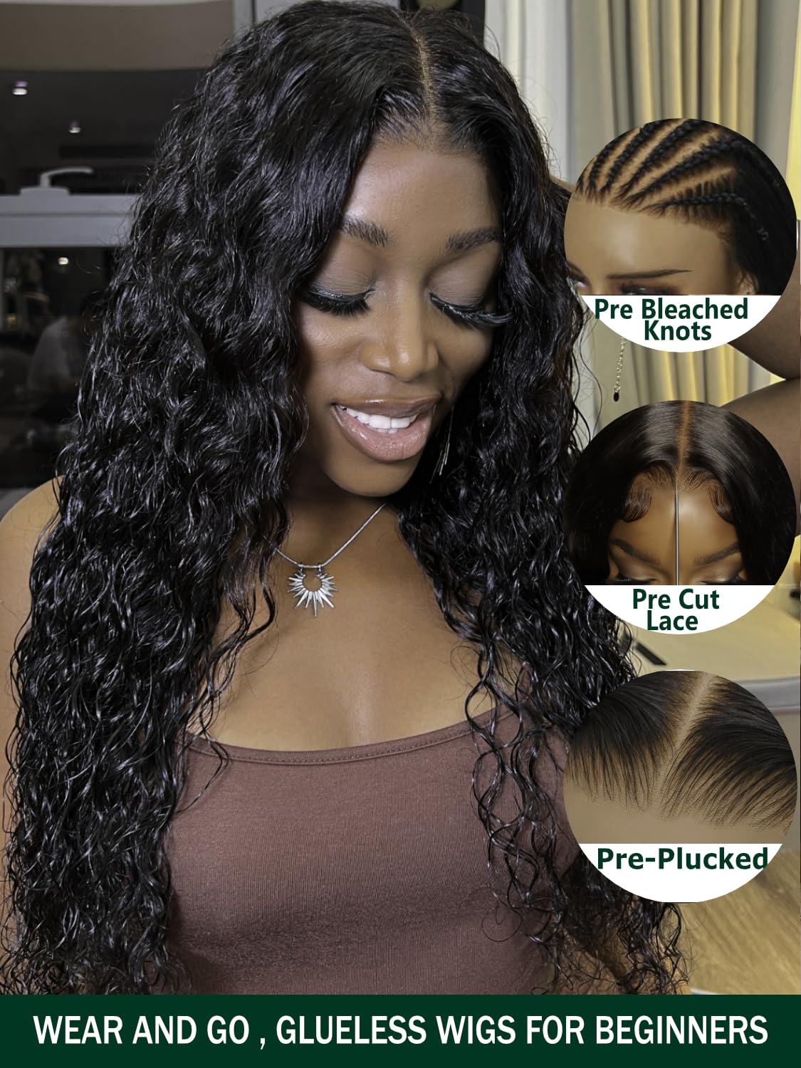 KLAIYI Bye Bye Knots Glueless Wig Pre Cut Water Wave HD Lace Front Wigs Human Hair Pre Bleached Pre Plucked Ready to Go Wigs for Women 30S Easy to Wear Put On and Go Curly Wig Beginner Friendly 26inch