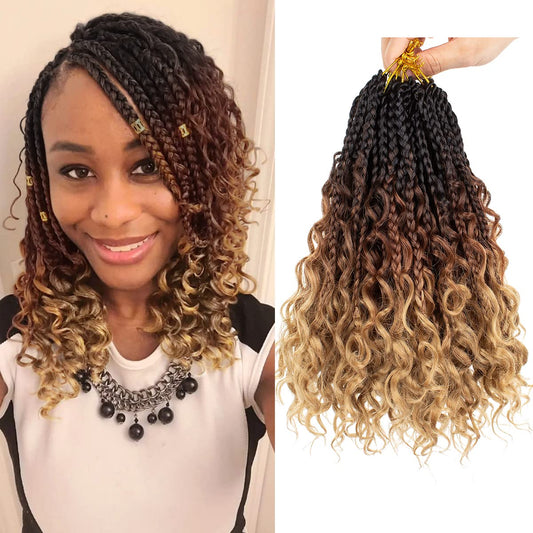 COOKOO 10 Inch Goddess Boho Box Braids Crochet Hair for Women 8 Packs Synthetic Curly Ends Crochet Hair Pre Looped Ombre Brown Bohemian Afro Twist Braiding Hair 53#