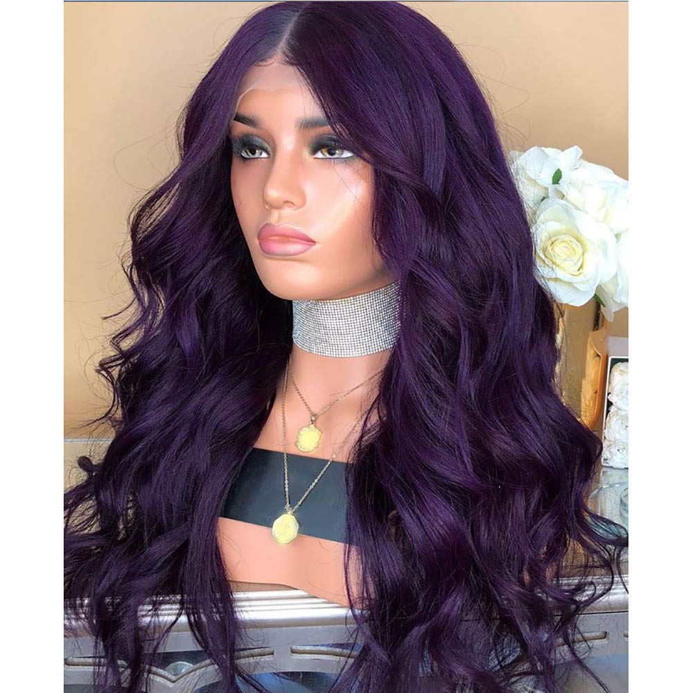 Long Wavy Synthetic Lace Front Wig Glueless Purple High Temperature Heat Resistant Fiber Hair Wigs For Women Female Long Curly Hair [ by Dolloress] (Purple,70cm)