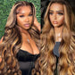 Dewyigs 28 Inch Highlight Ombre Lace Front Wig Human Hair Body Wave Honey Blonde Glueless HD Transparent Lace Frontal Wigs for Women 13X4 Human Hair Pre Plucked with Baby Hair