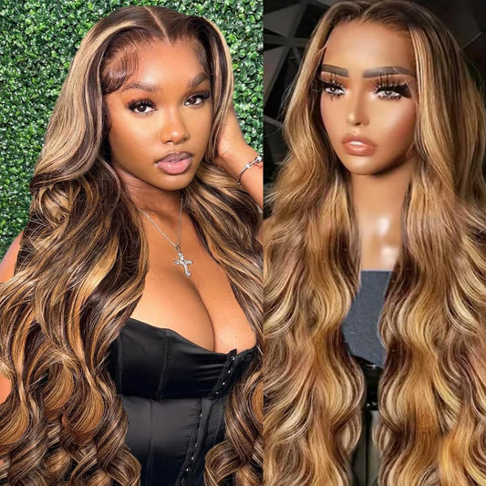 Dewyigs 28 Inch Highlight Ombre Lace Front Wig Human Hair Body Wave Honey Blonde Glueless HD Transparent Lace Frontal Wigs for Women 13X4 Human Hair Pre Plucked with Baby Hair