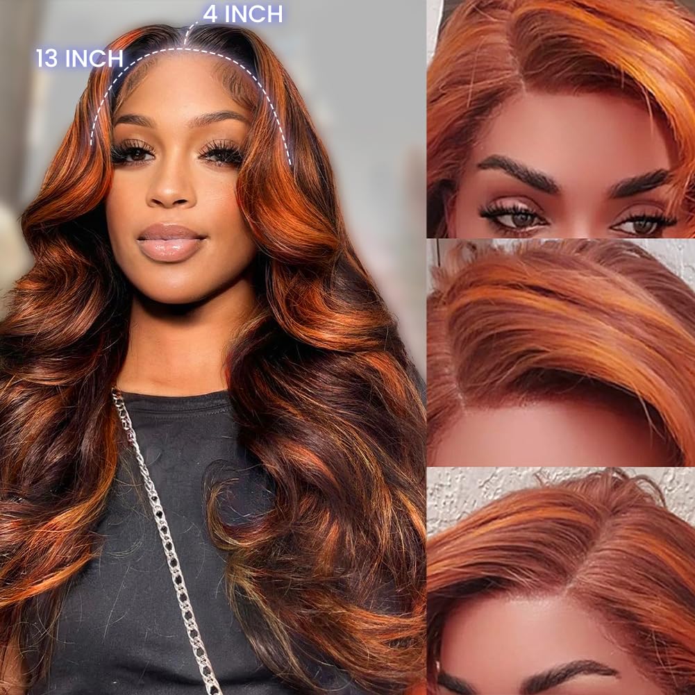 FASCARA Ombre 13x4 Lace Front Wigs Human Hair 4/30 Colored Body Wave Honey Blonde 9A Glueless HD Transparent Lace Frontal Wigs 180% Density for Women Human Hair Pre Plucked with Baby Hair 18 Inch