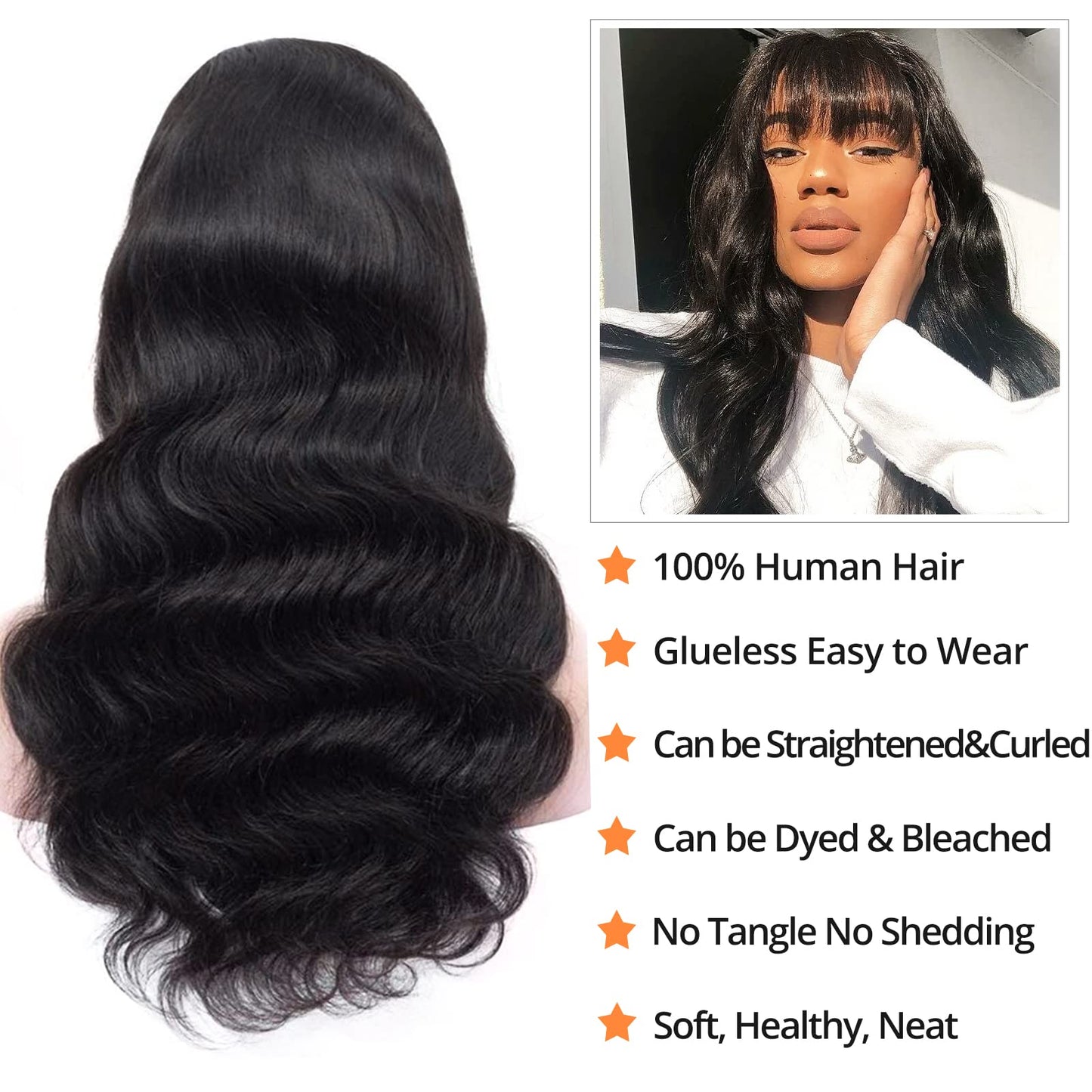 Lativ Body Wave Human Hair Wigs with Bangs None Lace Front Wigs 150% Density Glueless Machine Made Brazilian Virgin Human Hair Wigs for Black Women Natural Color(18 Inch, Body Wave)