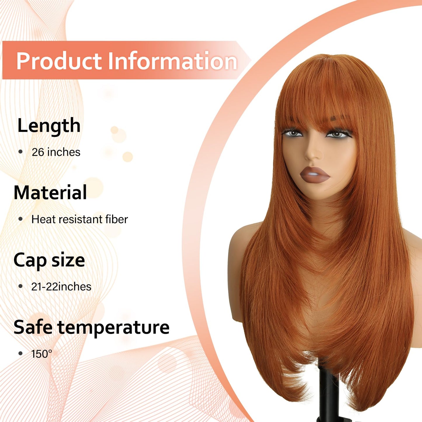 NOVFLKW Ginger Wig with Bangs for Women Long Straight Layered Hairstyle Put on Go Realistic Synthetic Heat Resistant Natural Wig for Girls Party Cosplay and Daily Use 26 inch