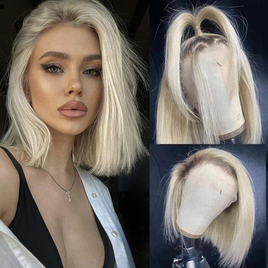 Glueless Ombre Platinum Blonde Bob Lace Front Wigs Human Hair 5x5 Pre Plucked Pre Cut Throw On and Go 4/60 Ash Blonde Wig Human Hair with Dark Roots Short Straight Wigs for Women 10 Inch 180%