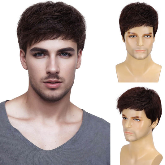 TOPHR Short Mens Wig Handsome Reddish Brown 6 Inch Heat Resistant Synthetic Straight Male Wigs for Daily Costumes or Halloween Wear