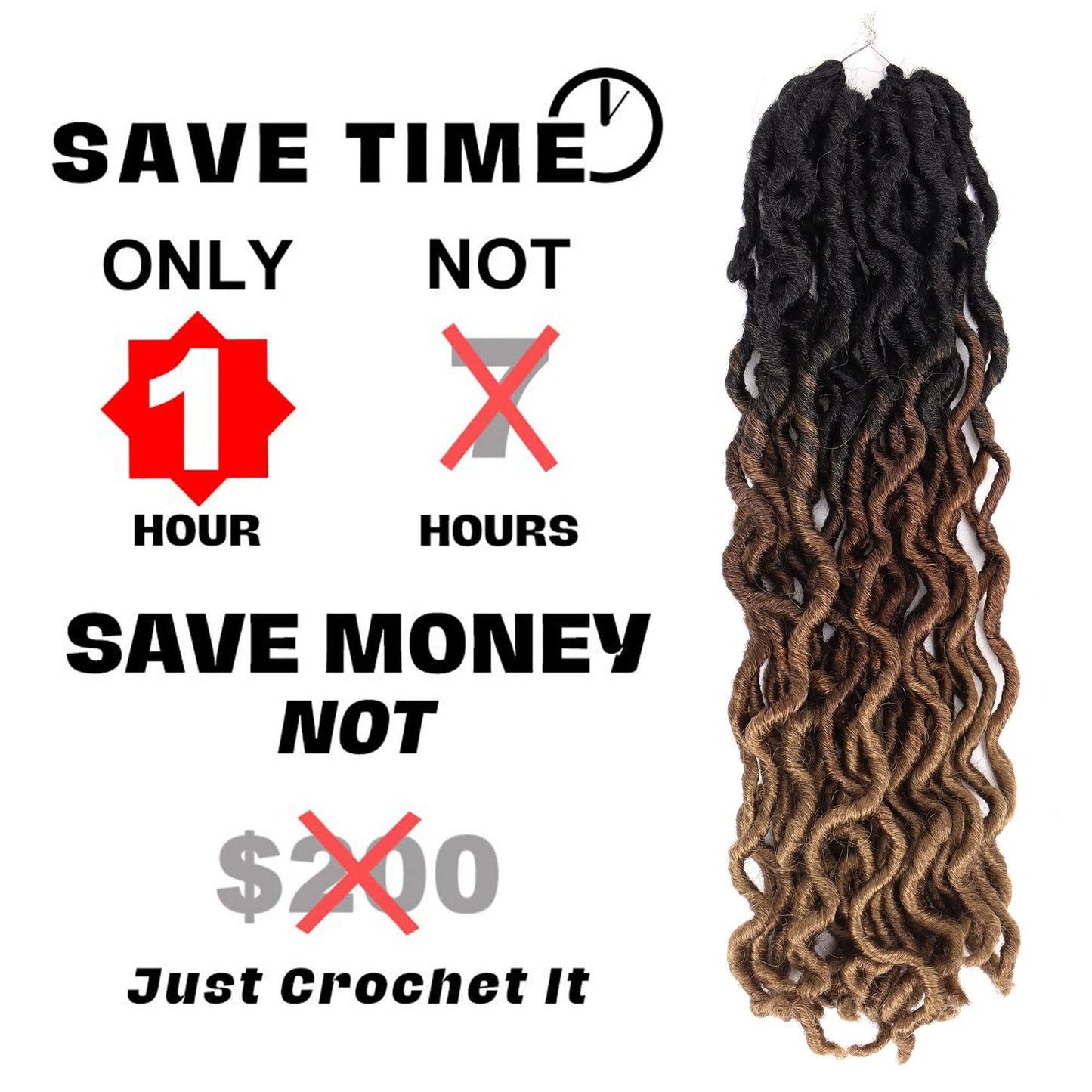 18 Inch Goddess Faux locs Crochet Hair 6 Packs/Lot Soft Gypsy Locs Wavy Crochet Braids Dreadlocks 3 Tone Curly Wavy Twist Braiding Hair Extensions African Roots Braid（#1B/30/27)