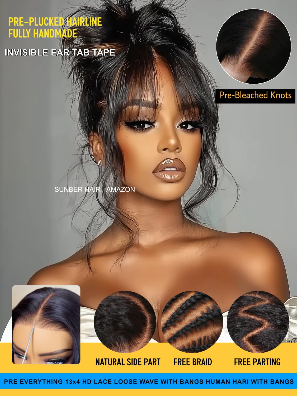Sunber Ombre Brown Loose Body Wave With Bangs Pre Everything Glueless 13x4 HD Lace Front Human Hair Wig 180% Density Highlight Balayage Pre cut Lace Pre Plucked Bye Bye Knots Drawstring Wig 18Inch