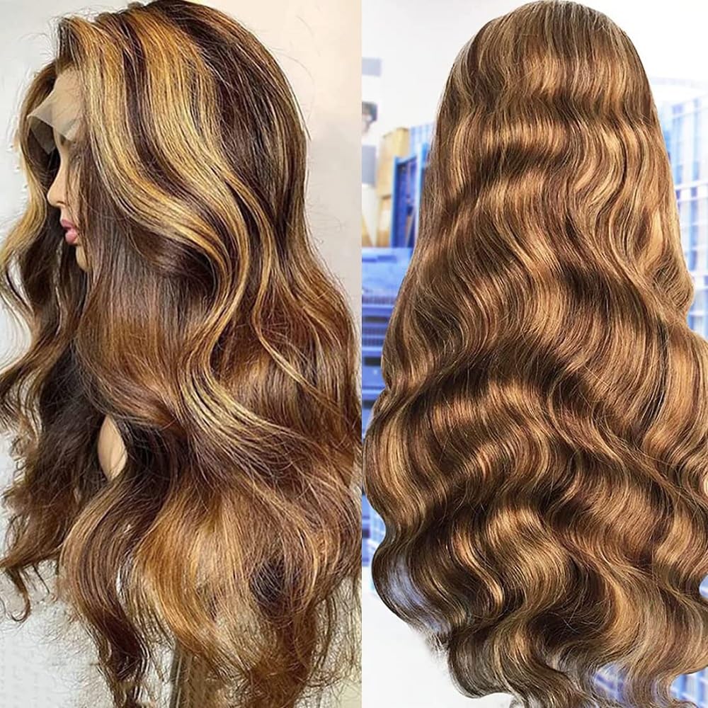 FASCARA Highlight Ombre 13x4 Body Wave Human Hair Wigs for Women Lace Front Wig HD Transparent Lace Frontal Wigs 4/27 Color Honey Blonde Glueless Human Hair Wig Pre Plucked with Baby Hair 30 Inch