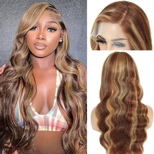 Highlight Ombre Lace Front Wig Human Hair Pre Plucked With Baby Hair 13x4 Body Wave Frontal Wigs Human Hair 200% Density 4/27 Colored Honey Blonde Lace Front Wig for Women 26 Inch
