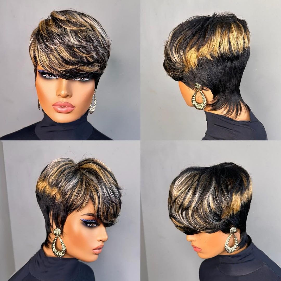 QiaQiaRing Pixie Cut Wigs For Black Women 1b/30/613 Blonde Color Brazilian Virgin Remy Human Hair Short Layered Pixie Human Hair Wigs With Bangs for Daily Use