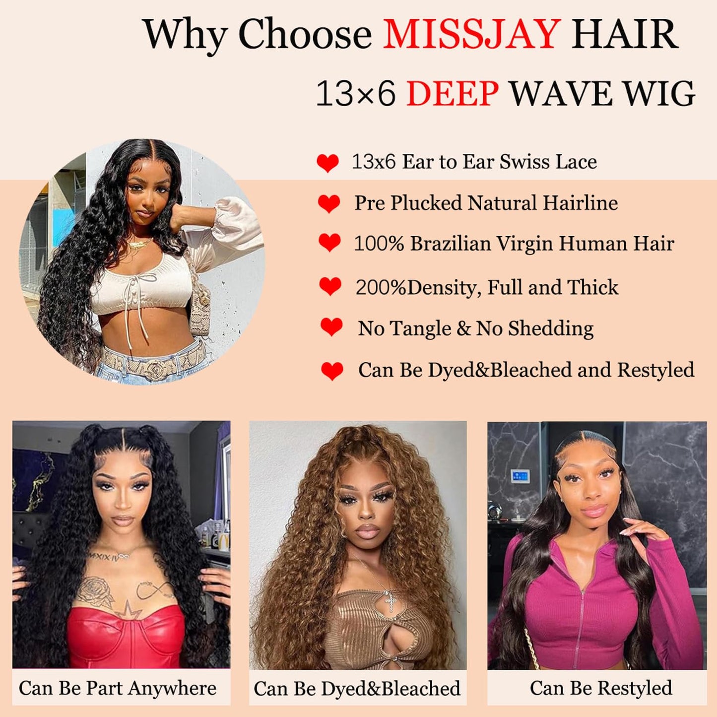 MISSJAY Hair 40 Inch Deep Wave Lace Front Wig Human Hair 200% Density 13x6 Lace Front Wig with Baby Hair Pre Plucked Deep Curly Wig 100% Unprocessed Brazilian Virgin Hair Natural Color for Women