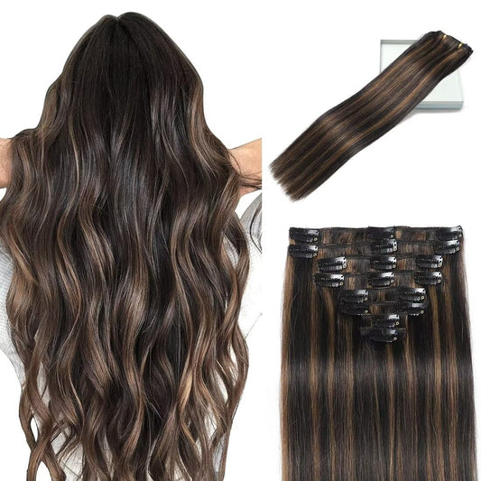 LORIEN Clip in Hair Extensions Real Human Hair, 22 Inch 110g, 1B/6 Natural Black to Chestnut Brown, Clip in 100% Brazilian Remy Human Hair Extensions 8pcs Per Set with 18 Clips Double Weft