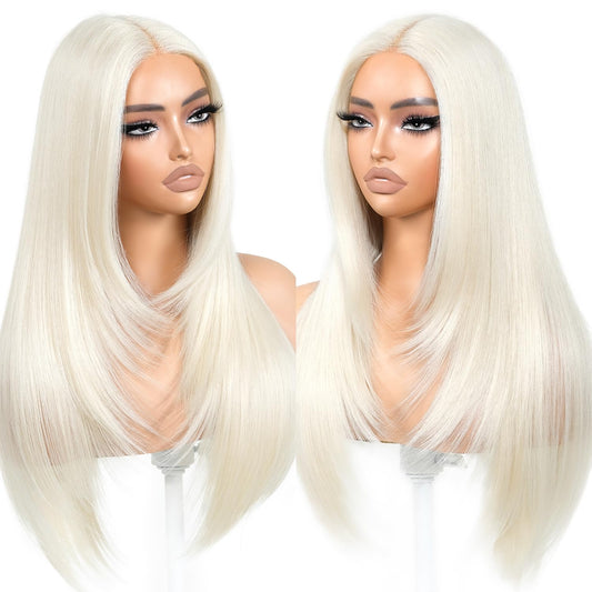 BrownBomb Blonde Wear and Go Glueless Wigs Pre Plucked Pre Cut for Beginners 613 Synthetic Lace Front Wigs With Bangs Long Straight layered Wigs HD Lace 26 Inch 3 Seconds to Wear for Beginners