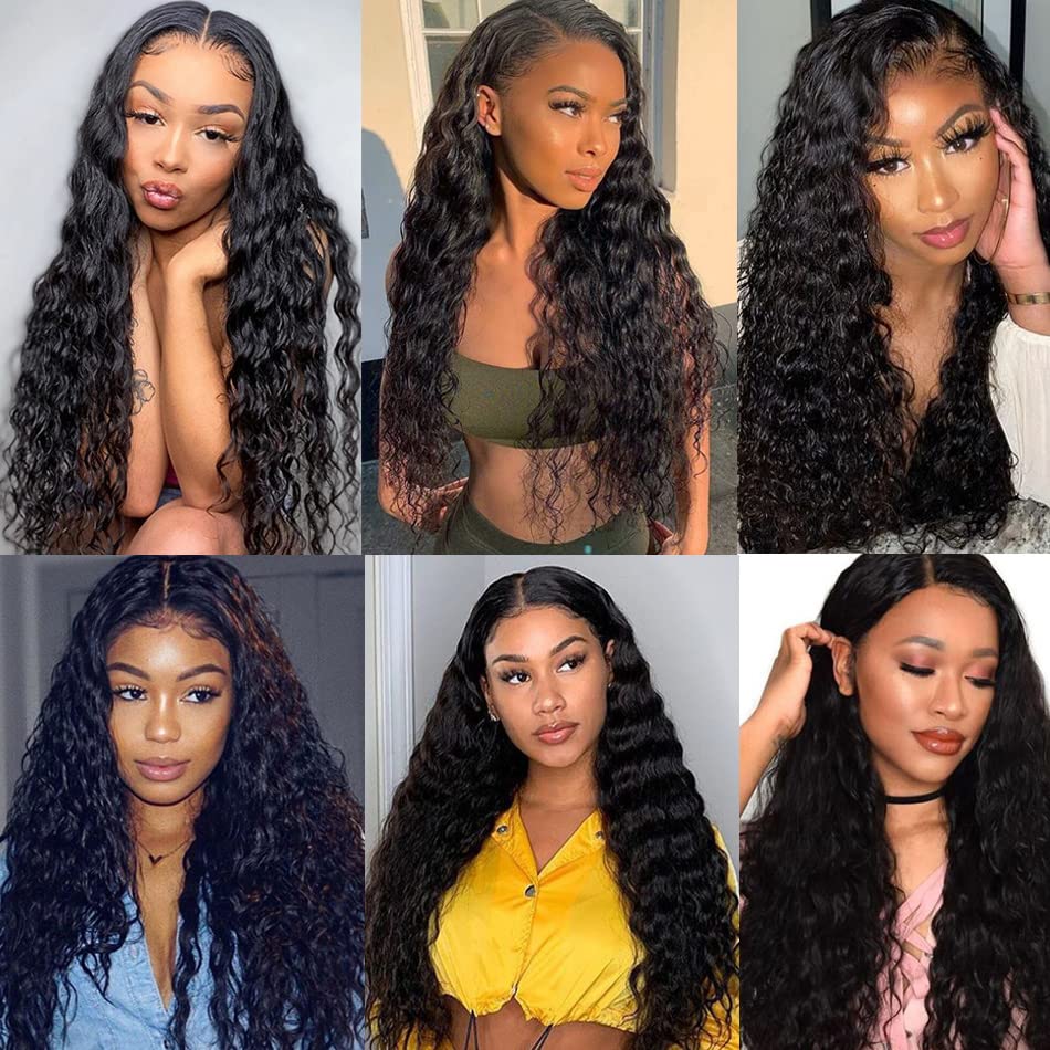 Borchan Water Wave 4 Bundles Human Hair with 4x4 Free Part Closure (24 26 28 30+22) Ocean Wave Wet and Wavy Bundles with Lace Closure Pre Plucked with Baby Hair Natural Color