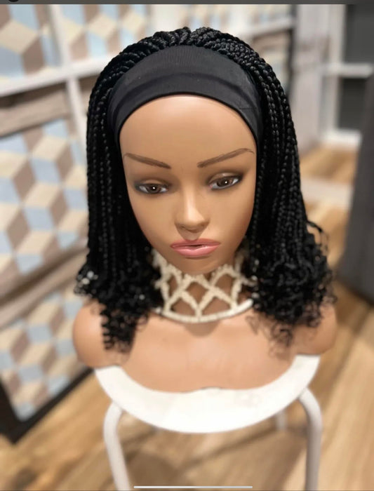 RealWigs 18” Black Headband Braided Wig Box Braids with Curly Tips