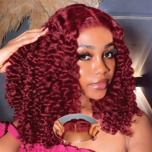 UCUVIC Glueless Wigs Human Hair Pre Plucked Pre Cut Wear And Go Curly 5x5 Deep Wave Bob Wig Human Hair Lace Front Closure Wigs For Black Women 200Density Wig Glueless Wear And Go Burgundy 14 Inch