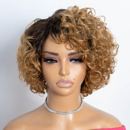 Rebecca Fashion Short Curly Human Hair Wigs for Black Women Cute Curly Bob Wig Side Part Brazilian Remy Non Lace Glueless Wigs Natural Looking Ombre Dark Brown to Honey Blonde Color