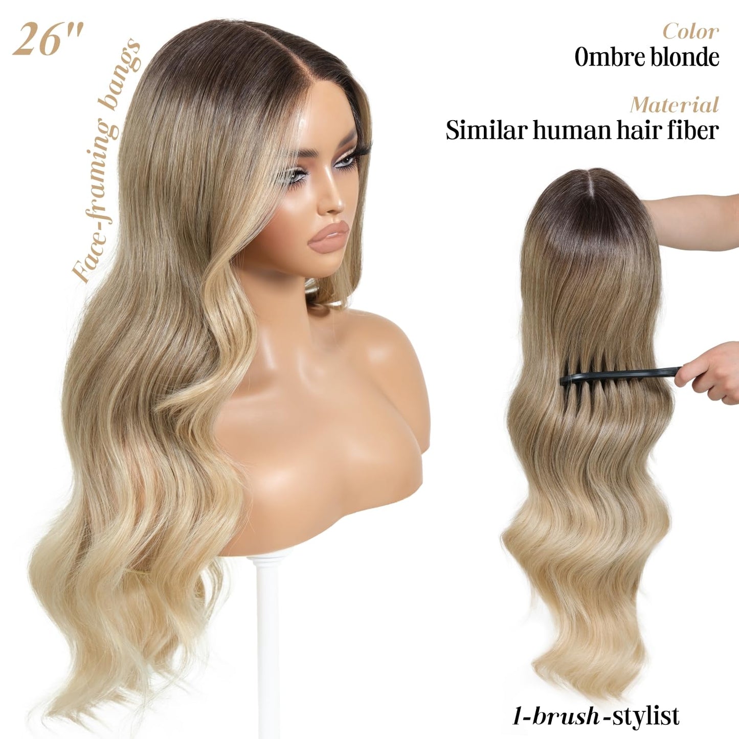 ENCOUNTERU Ombre Blonde Wear and Go Glueless Wig with Bangs Pre Plucked Body Wave Synthetic Lace Front Wigs for Women 13x5x1 Pre Cut Lace Dirty Blonde Wig Middle Part 26 Inch