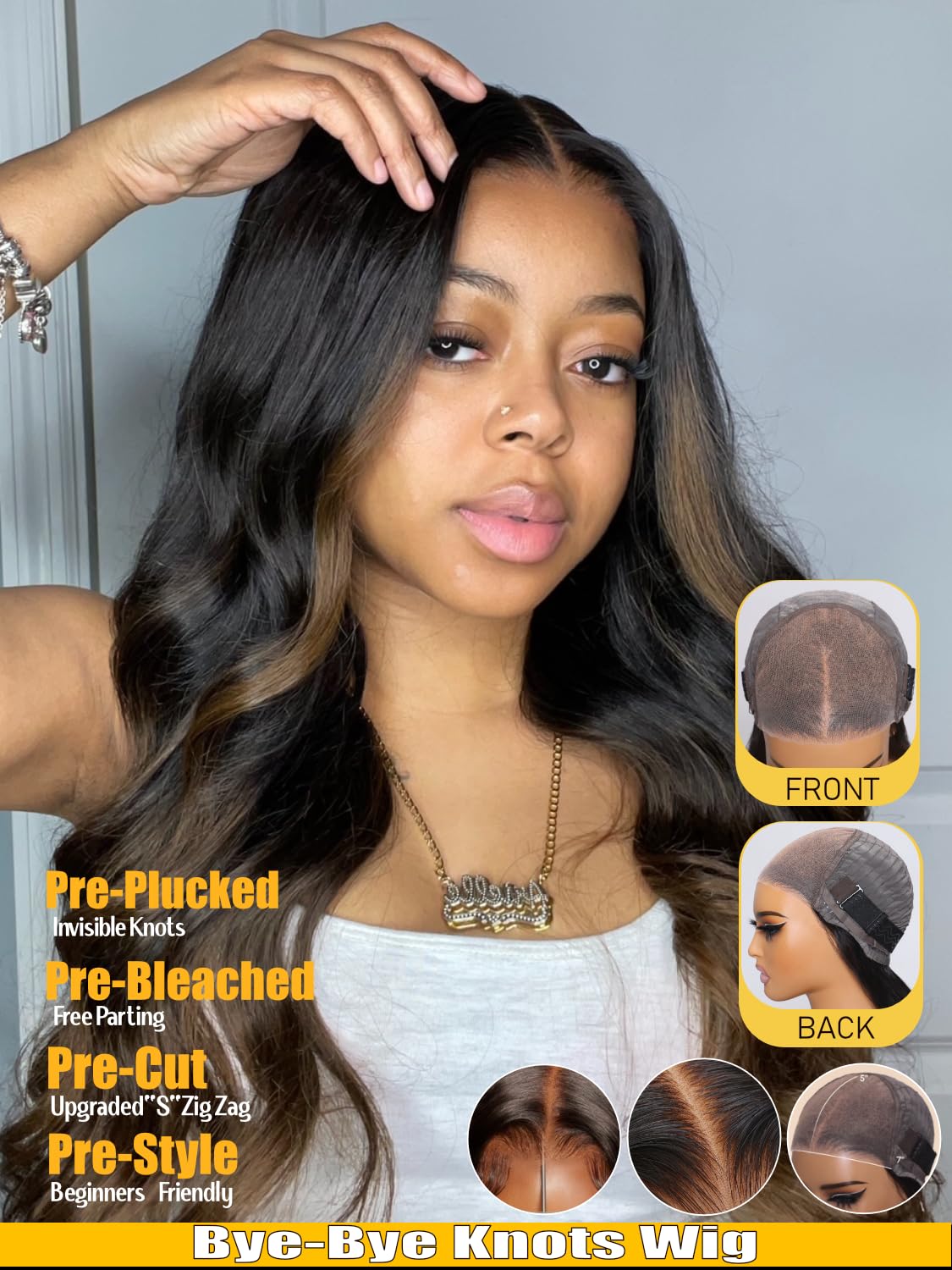 Sunber Bye Bye Knots Glueless 7x5 Lace Front Human Hair Wig Loose Wave Plucked Pre Cut Lace Invisible Knots Put On and Go Chestnut Brown Ombre Color Ready to Wear Wig 150% Density 24Inch