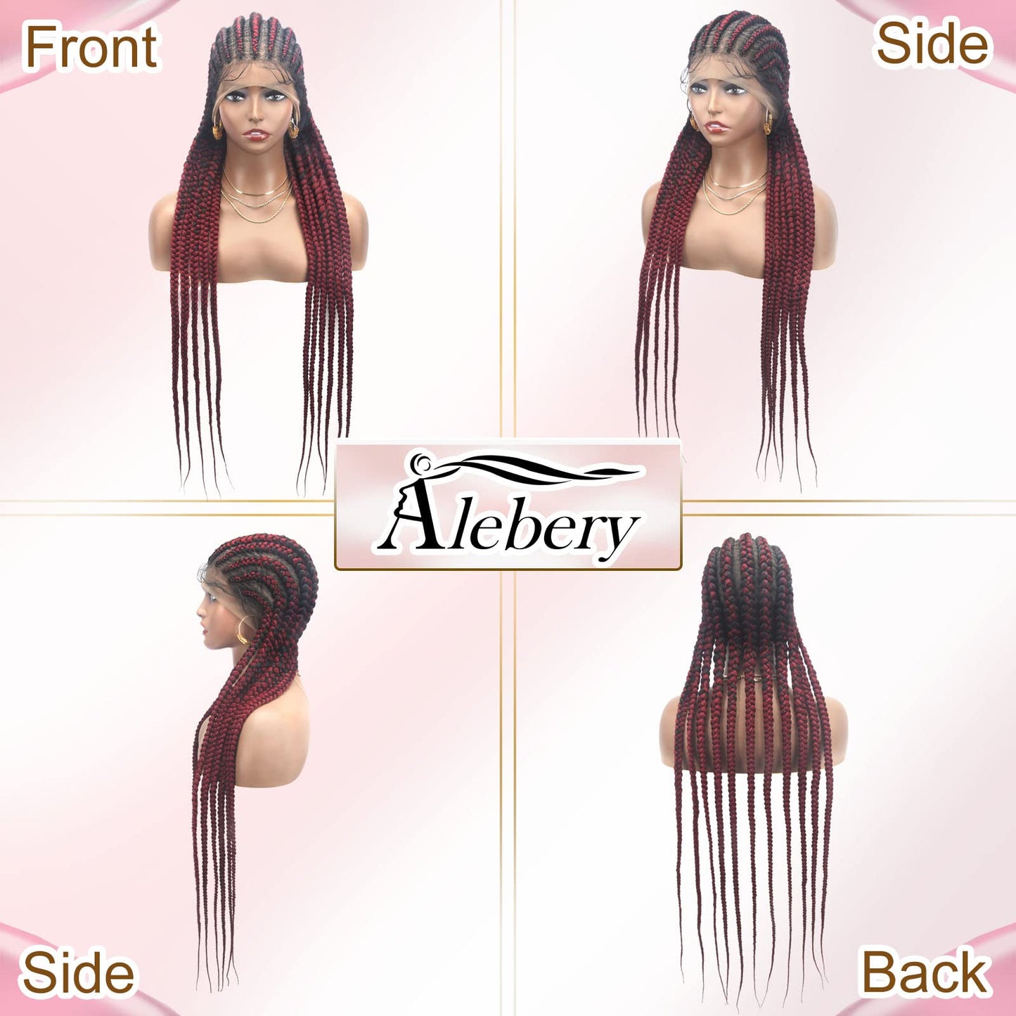 Alebery 36" Full Lace Braided Wigs for Black Women Jumbo Box Braids Lace Front Wig with Baby Hair Lightweight Synthetic Lace Frontal Black Cornrow Twisted Wigs (Burgundy Mixed Black)