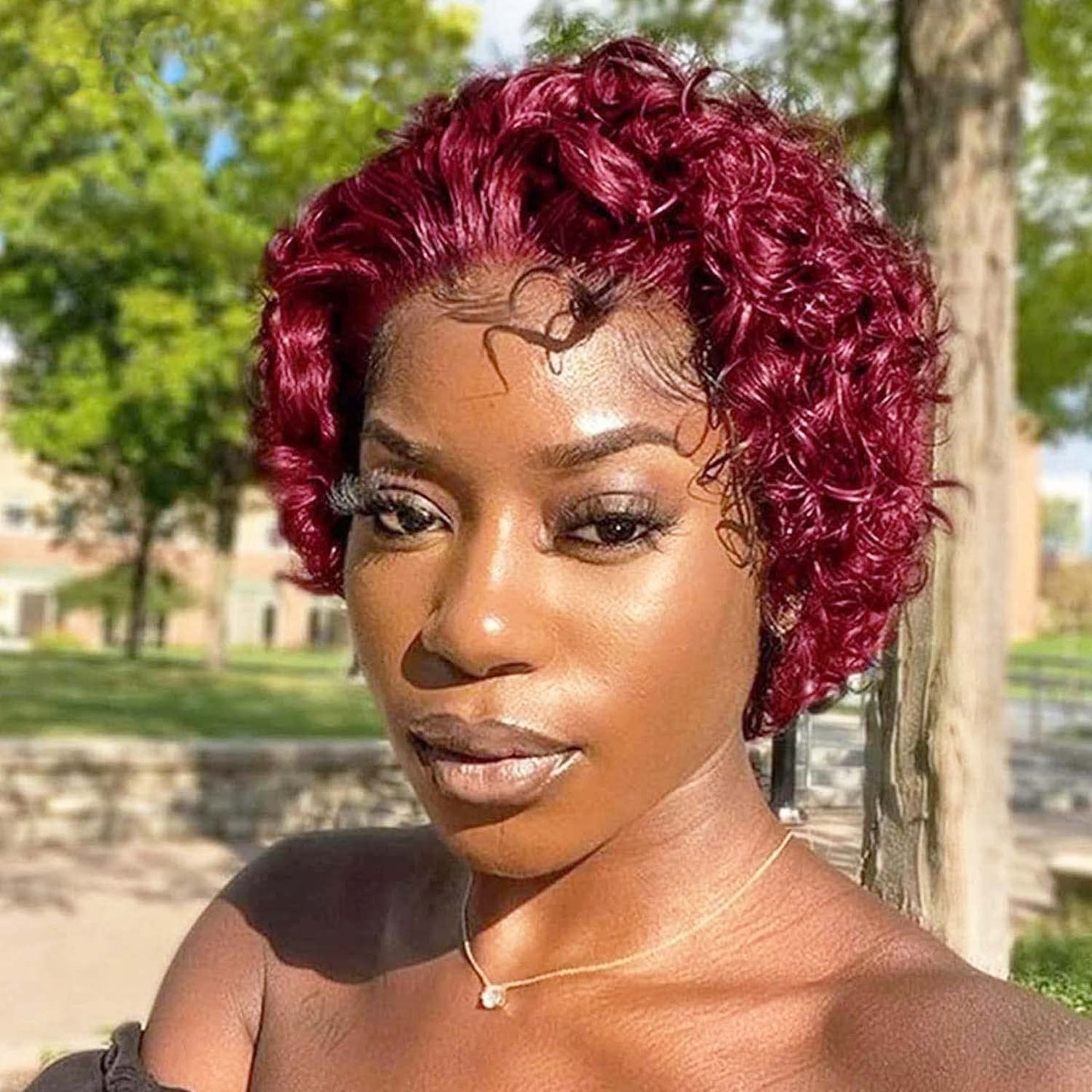 Red Short Curly Wigs - Pixie Cut Lace Front Wigs, 6 Inch Human Hair, Burgundy, HD Lace Front, Plucked, for Black Women