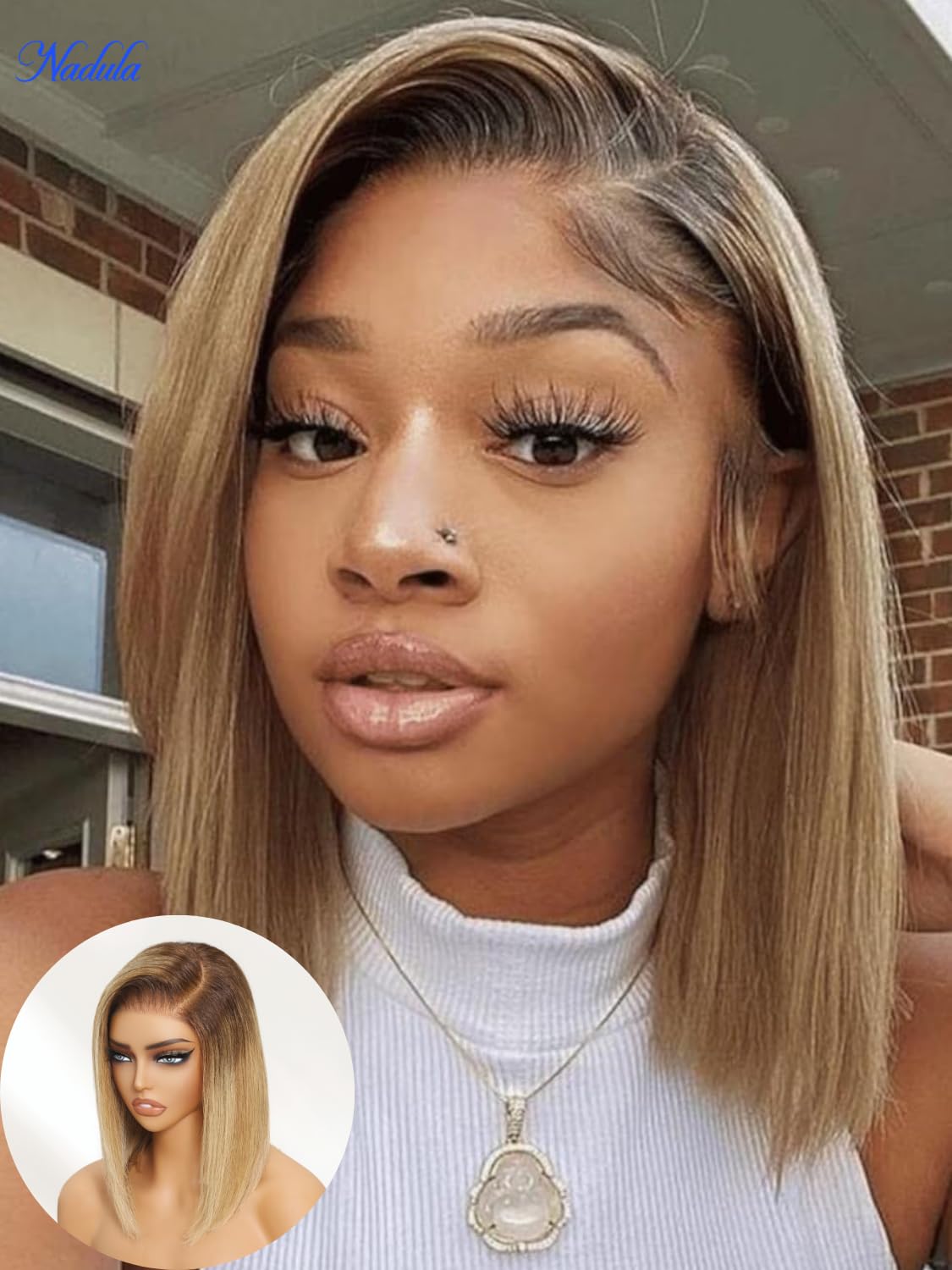 Nadula 13X4 HD Ombre Blonde Highlight Bob Straight Drawstring Wig Human Hair With Brown Roots - Pre Everything Glueless Ombre Bob Lace Front Wig with Ear Tape - Ready to Go Short Ombre Bob Wig 10inch