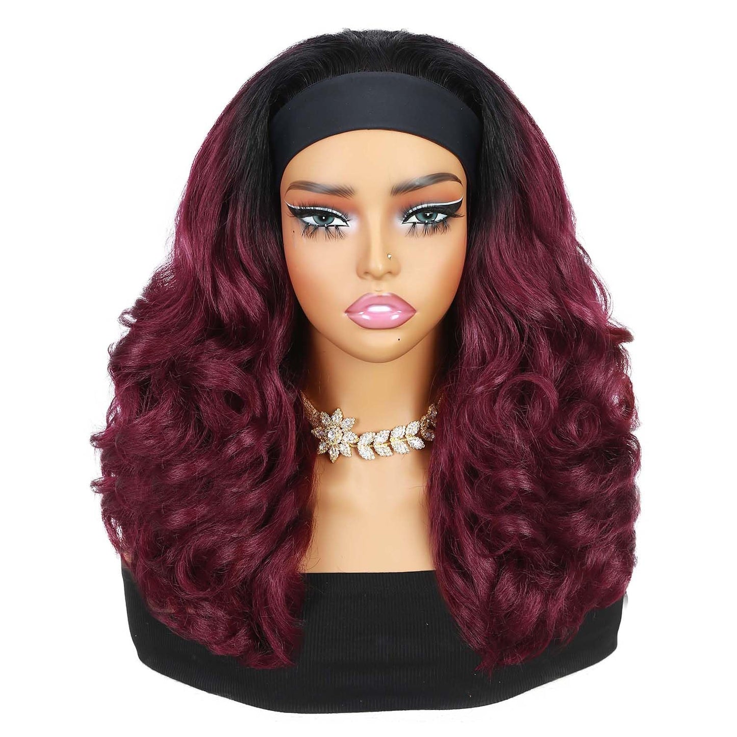 Quantum Love Yaki Curly Headband Wigs for Black Women Kinky Straight Ombre Red Headband Curly Ends Synthetic Wear and Go Glueless half Wig with Headbands Attached