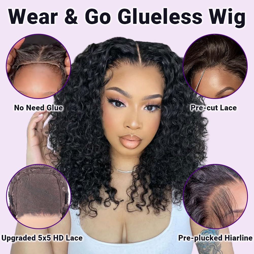 UCUVIC Curly Bob Wig Human Hair 5x5 Wear And Go Glueless Wigs Human Hair Pre Plucked Pre Cut Deep Wave Lace Front Closure Wigs For Black Women 200 Density Curly Wig Glueless Wear And Go Black 12 Inch