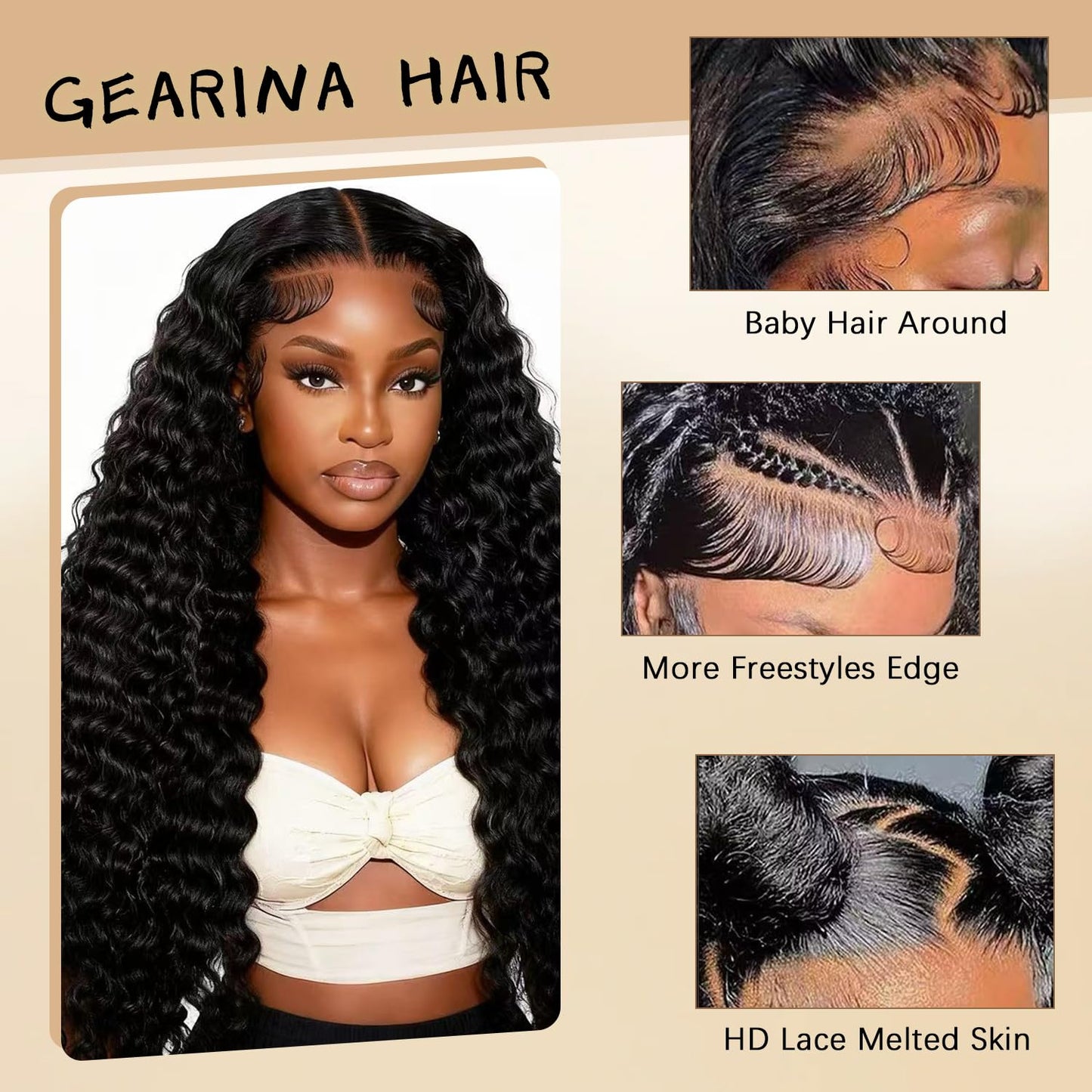 Gearina 32inch Deep Wave Lace Front Wigs Human Hair 200 Density 13x6 HD Transparent Lace Front Wigs for Women Deep Curly Lace Frontal Pre Plucked Wig Human Hair Glueless Wigs Natural Black