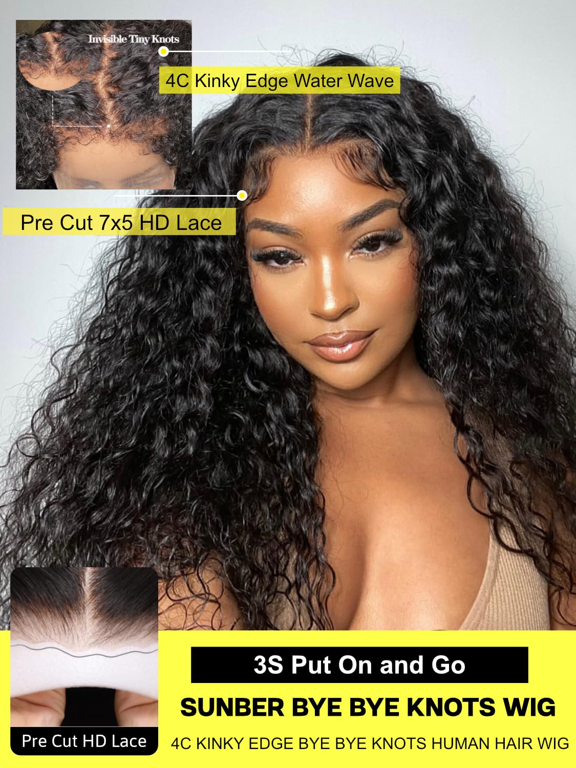 Sunber 4C Kinky Edges Water Wave Human Hair Wigs with Drawstring Bye Bye Knots Pre Cut 7x5 HD Lace Front Water Wave Glueless Wigs Put On and Go Pre Bleached Knots 180% Density 14Inch Beginner friendly