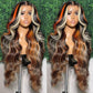 SISIFIRE Blonde Reddish Highlight Lace Front Wig Pre-plucked Glueless 13X4 Inch Ombre Synthetic Lace Front Wigs for Women Long Curly Wavy Wigs