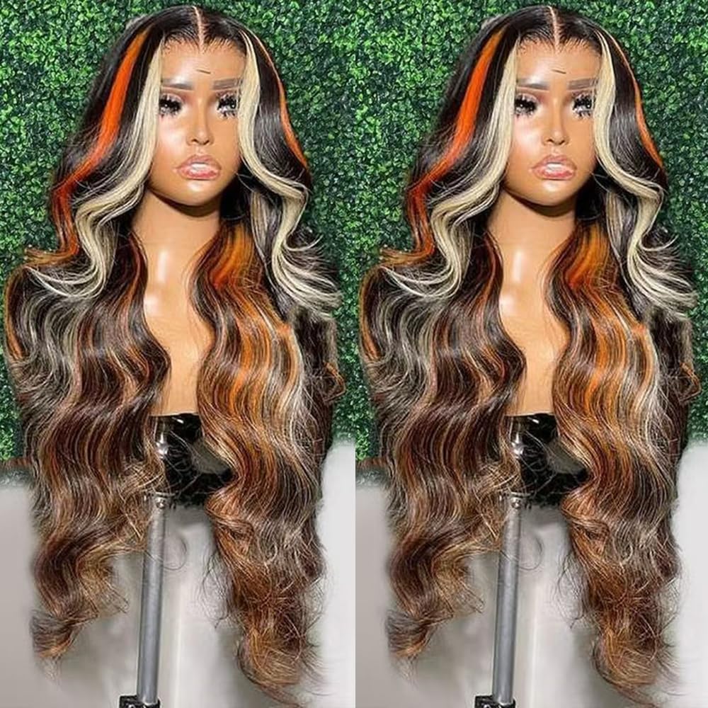 SISIFIRE Blonde Reddish Highlight Lace Front Wig Pre-plucked Glueless 13X4 Inch Ombre Synthetic Lace Front Wigs for Women Long Curly Wavy Wigs