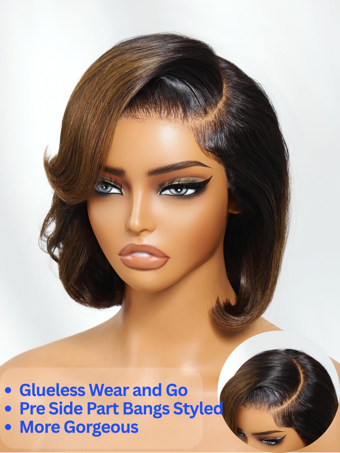 Nadula Glueless Bye Bye Knots Short Bob Drawstring Wig human Hair with Blow Out Bangs, Black to Chestnut Brown Ombre Pre Cut 7X5 HD Lace Front Wigs Pre Plucked Bleached Knots Ready to Wear 10inch