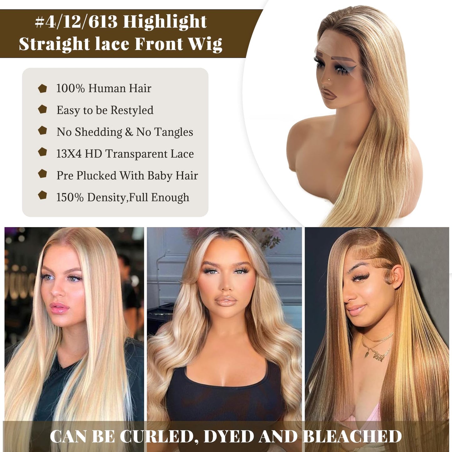13x4 Straight Lace Front Wigs Human Hair for Women, 24 Inch Highlights Ombre Golden Brown Mixed 613 Blonde with Brown Roots HD Lace Frontal Wig Human Hair, Glueless Wig Pre Plucked Bleached Knots