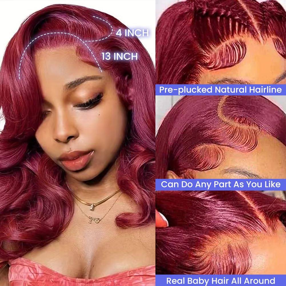 FASCARA 99J Burgundy Body Wave Wig Human Hair 13x4 HD Transparent Lace Front Human Hair Wig with Baby Hair for Women 180% Density Glueless Wigs Human Hair Pre Plucked 16 Inch