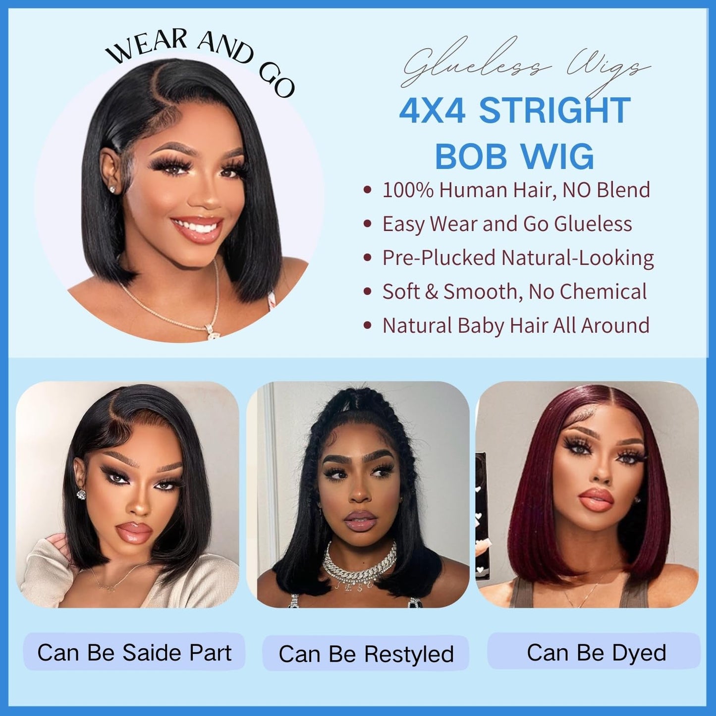 YFOXI Wear and Go Glueless Wigs Human Hair Pre Plukced Pre Cut Bob Wig Human Hair 4x4 Lace Closure Glueless Wigs for Black Women Straight Lace Front Wigs for Beginner Bob Wig (12Inch)