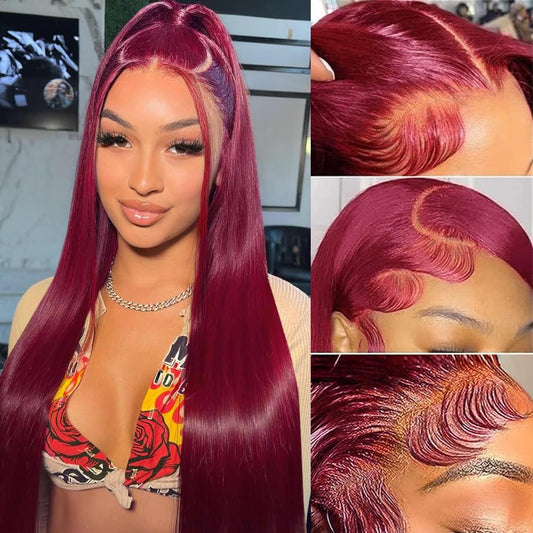 ROLKISA 99j Burgundy Lace Front Wigs Human Hair 24Inch 13x6 HD Transparent Lace Straight Red Wig Human Hair Colored Reddish Brown Lace Frontal Wigs Human Hair 180% Density Pre Plucked With Baby Hair