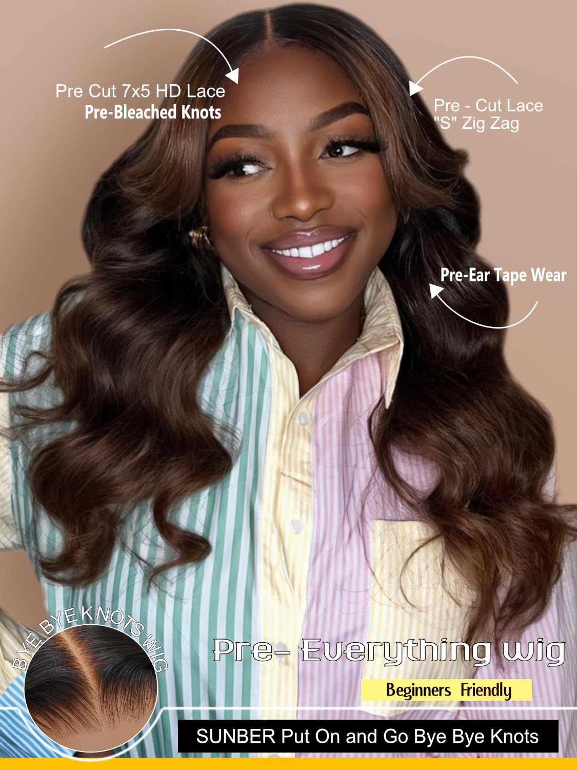 Sunber Bye Bye Knots Glueless 7x5 Lace Front Human Hair Wig Loose Wave Plucked Pre Cut Lace Invisible Knots Put On and Go Chestnut Brown Ombre Color Ready to Wear Wig 150% Density 14Inch