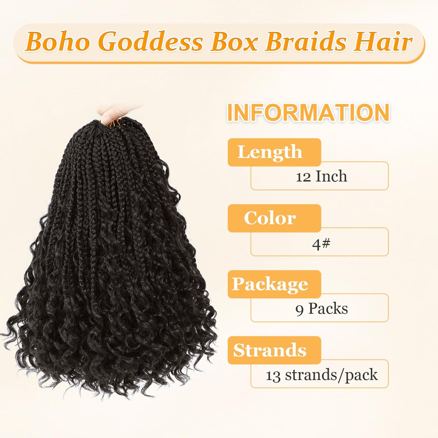 Yewell 9 Packs Goddess Box Braids Crochet Hair Boho Box-Braids With Curly Ends Crochet-Hair For Black Women,12 Inch Pre Looped Bohemian Crochet Box-Braiding(12Inch 9Packs,4)