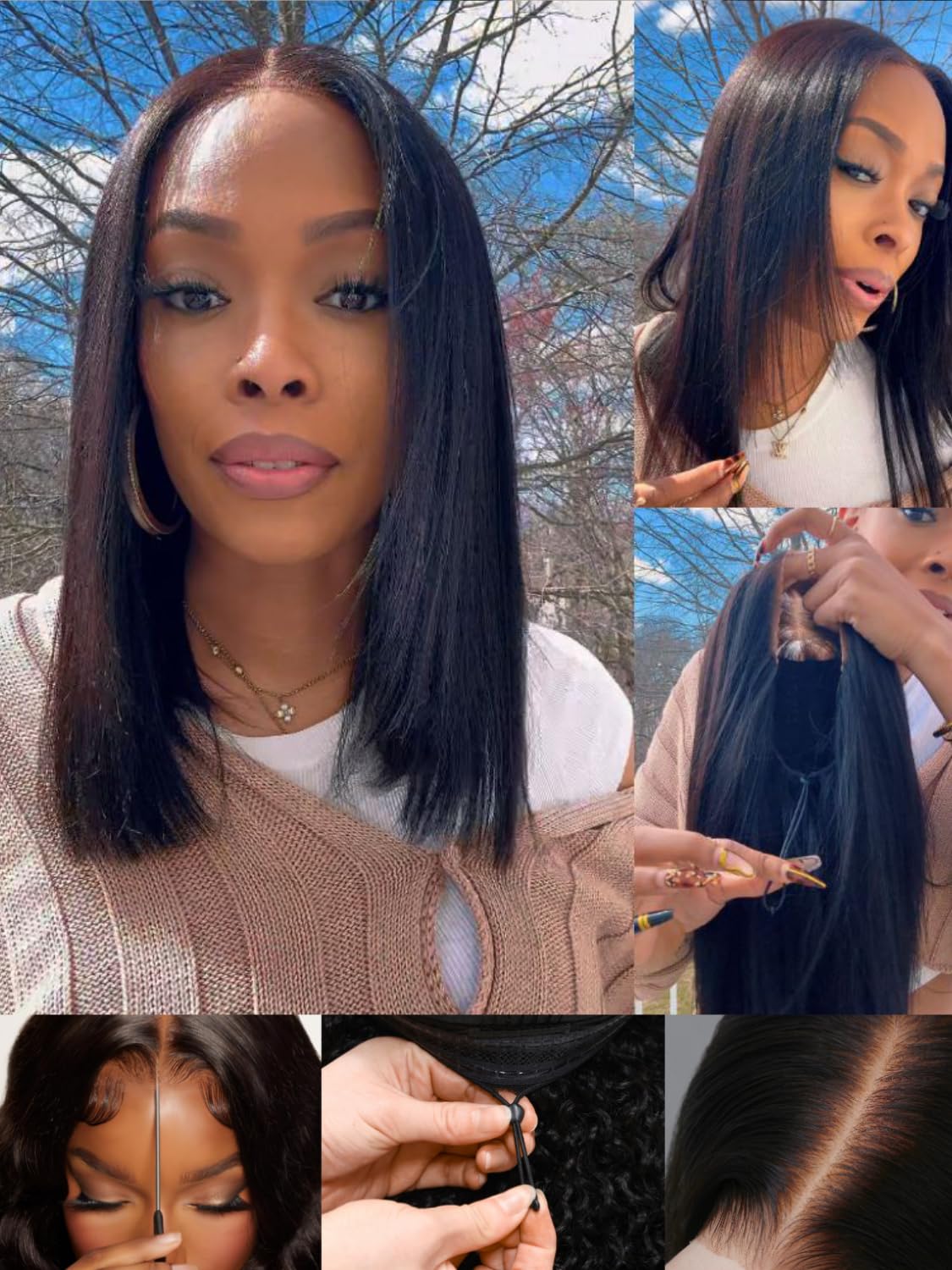 Sunber Glueless Yaki Straight Bob Wigs Pre Plucked Pre Bleached Bye Bye Knots Human Hair Wig Natural Black Pre Cut 7x5 Lace 150% Density Put On Go Pre Bleached Invisible Knots 10Inch