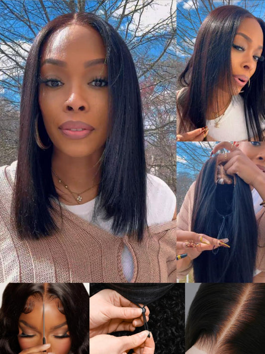 Sunber Glueless Yaki Straight Bob Wigs Pre Plucked Pre Bleached Bye Bye Knots Human Hair Wig Natural Black Pre Cut 7x5 Lace 150% Density Put On Go Pre Bleached Invisible Knots 10Inch