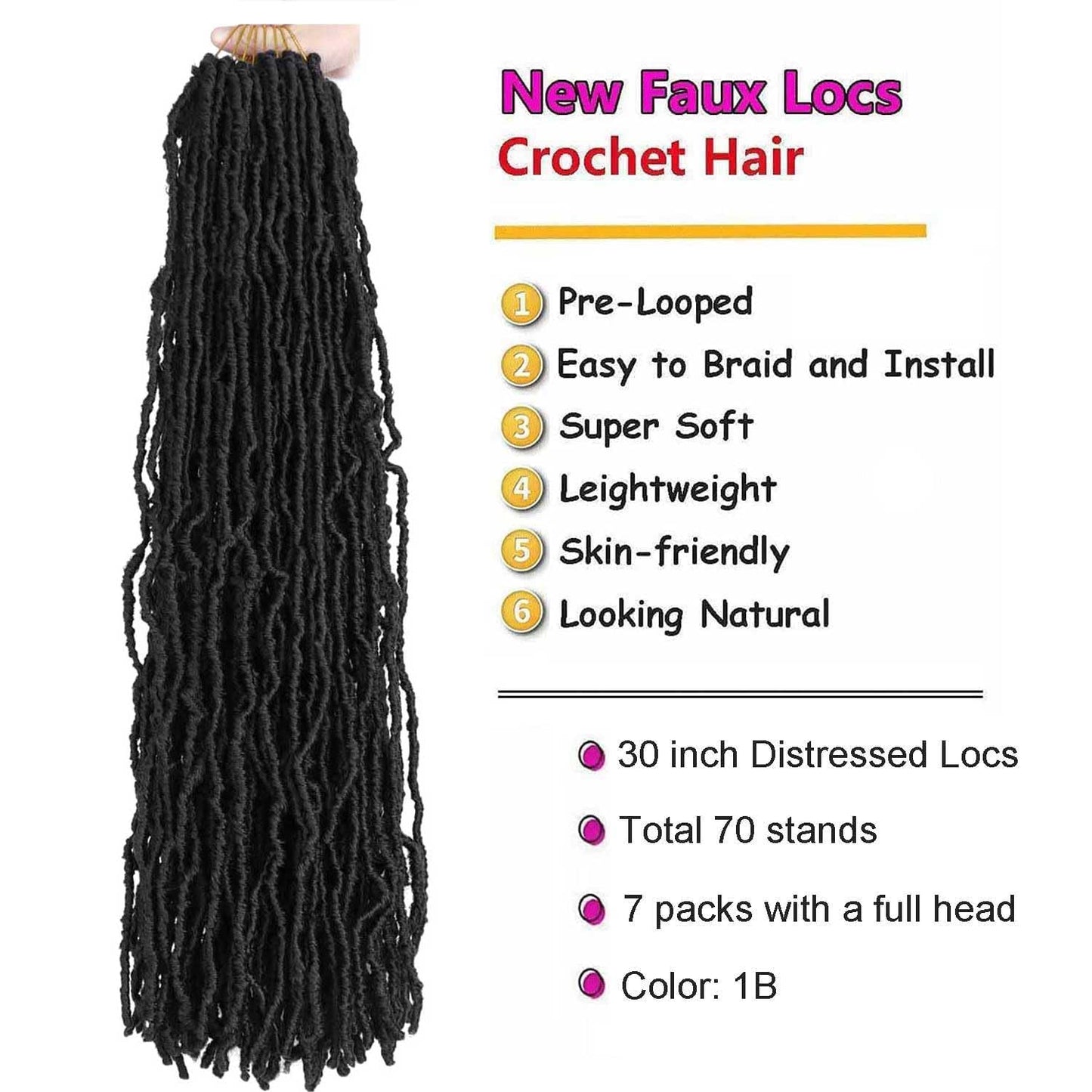 6 Packs Soft Locs Crochet Hair Pre Looped Faux Locs Crochet Braids Goddess Locs Dreadlocs Synthetic Hair For Black Women (1B, 30 Inch (Pack of 7))
