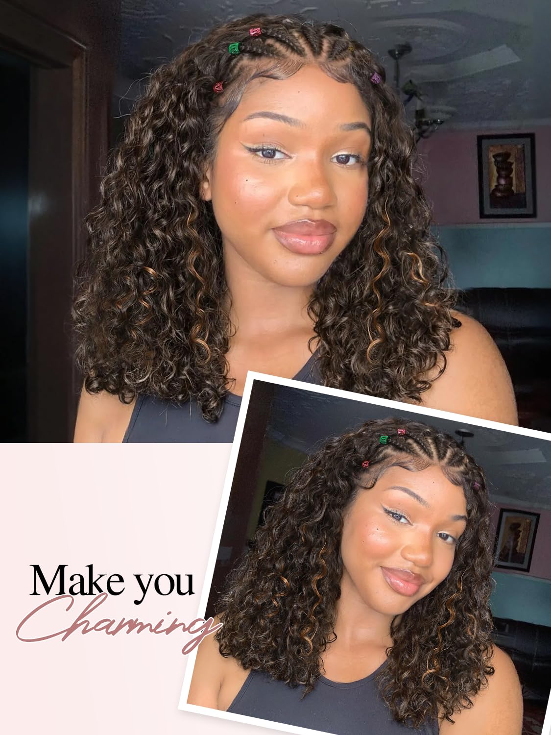 Quantum Love Braided Wigs for Black Women Braids Cornrows Lace Curly Wigs 16 Inch Fully Lace Frontal Braided Curly Bob Mix Brown Synthetic Glueless Wigs